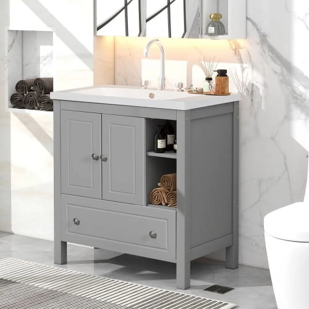Grey Solid Wood Bathroom Vanity with Sink B19026
