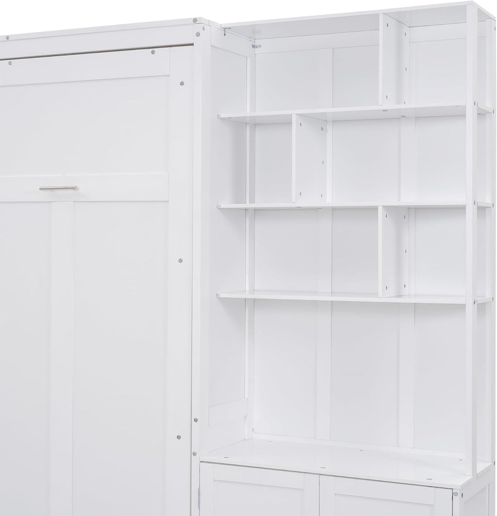 White Full Size Murphy Bed with Storage Cabinet and Shelves X74721
