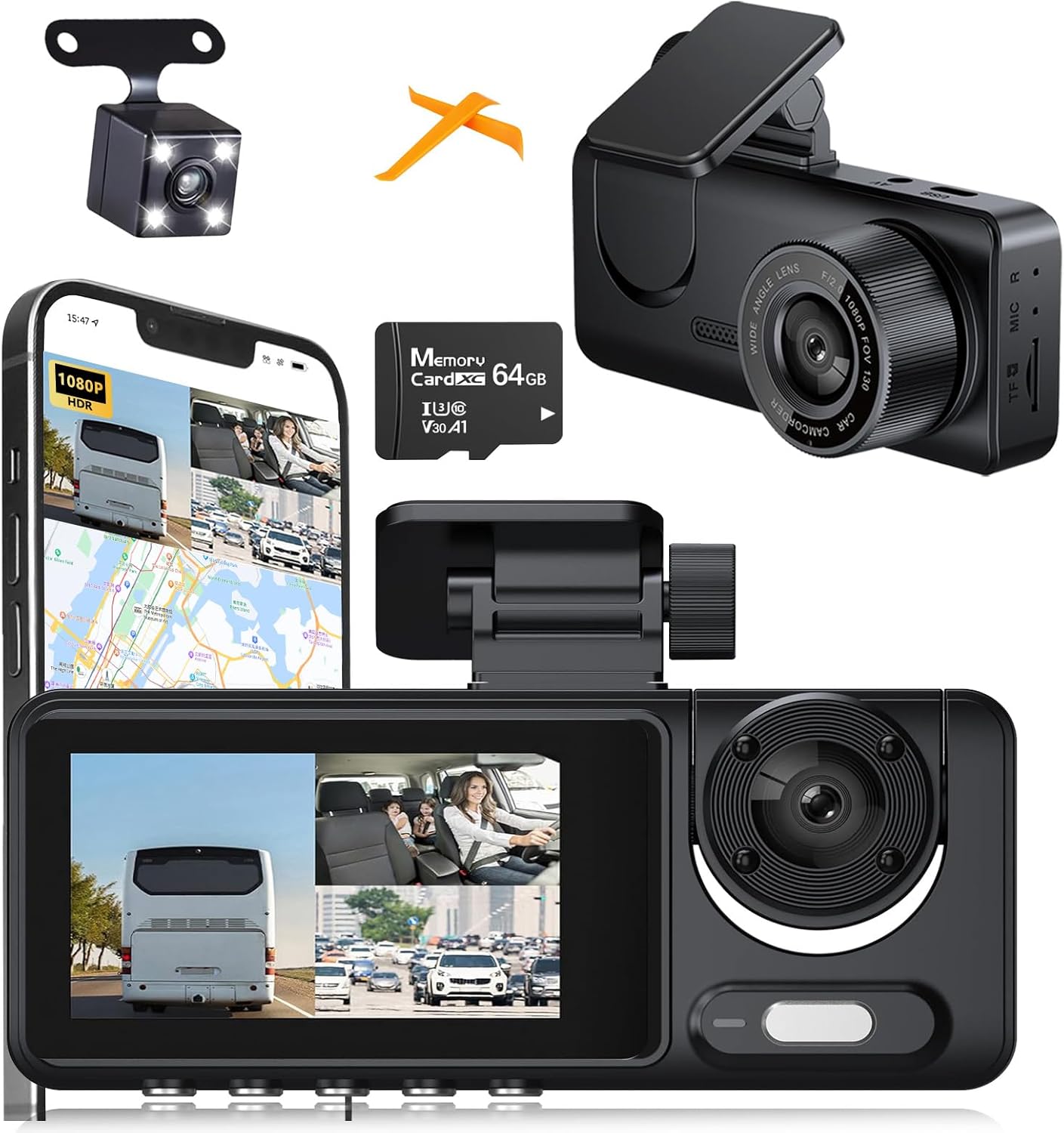 3 Channel 1080P Dash Cam with 64GB Card D536083