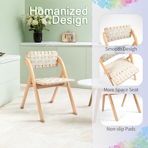 Folding Chairs Set of 2, Wooden Brown Woven Leather B20812