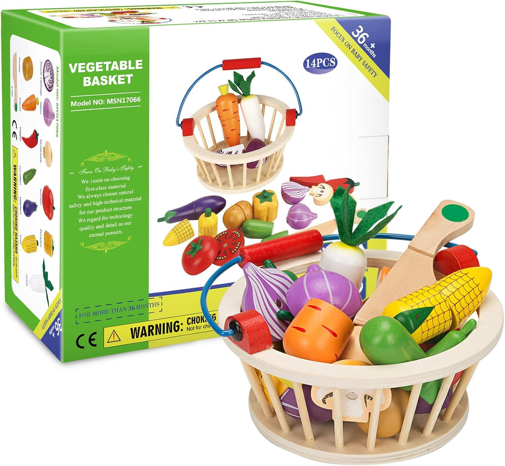 Magnetic Wooden Cutting Food Play Toy Set with Basket R501771