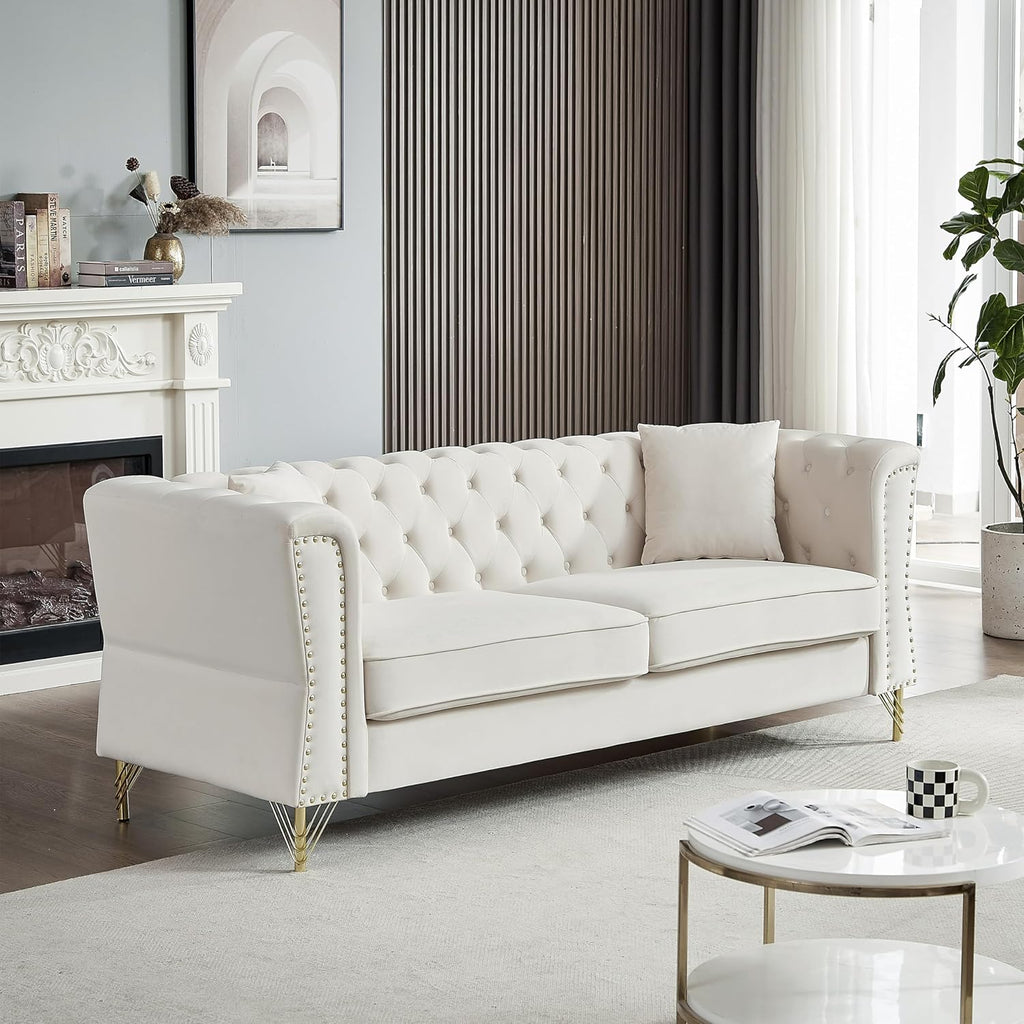 Grey Velvet 3 Seater Chesterfield Sofa with Metal Foot and Nailhead S3506