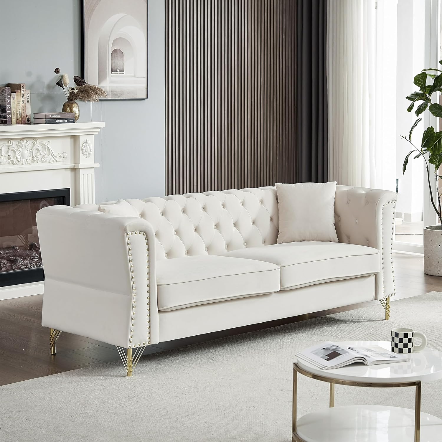 Grey Velvet 3 Seater Chesterfield Sofa with Metal Foot and Nailhead S3506