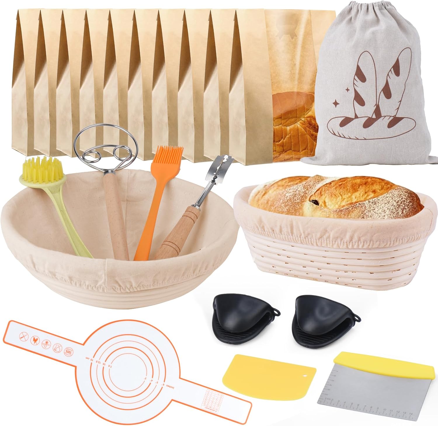 22 Pcs Sourdough Bread Baking Supplies with 10 inch Oval and Round Banneton Basket O756108