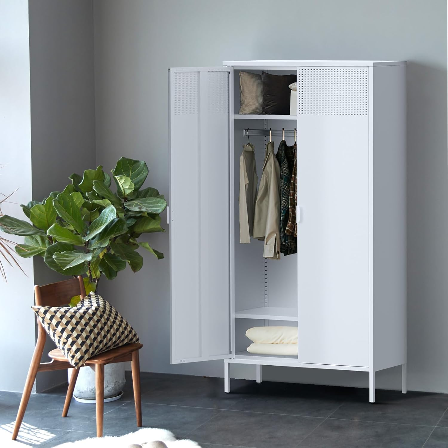 Metal Storage Cabinet with Adjustable Shelf & Removable Hanging Rods N1367