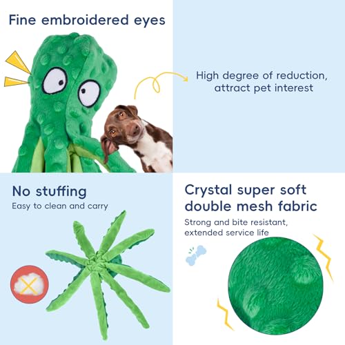 2 Pack Squeaky Octopus Plush Dog Toys No Stuffing Crinkle Pet Toys (Green + Orange) P590633
