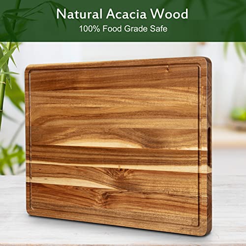 24x18 Inch Acacia Wood Cutting Board with Handle and Juice Groove T1675