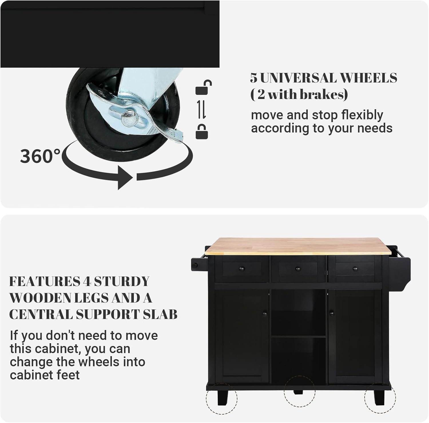 Black 53in Wood Rolling Kitchen Island with Drawer and Storage Cabinet B6290