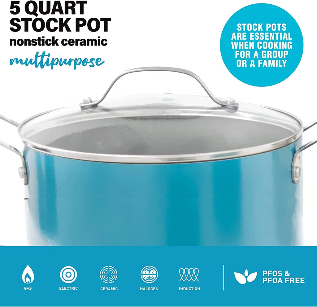 Aqua Blue Nonstick 5 Quart Stock Pot with Glass Lid T681