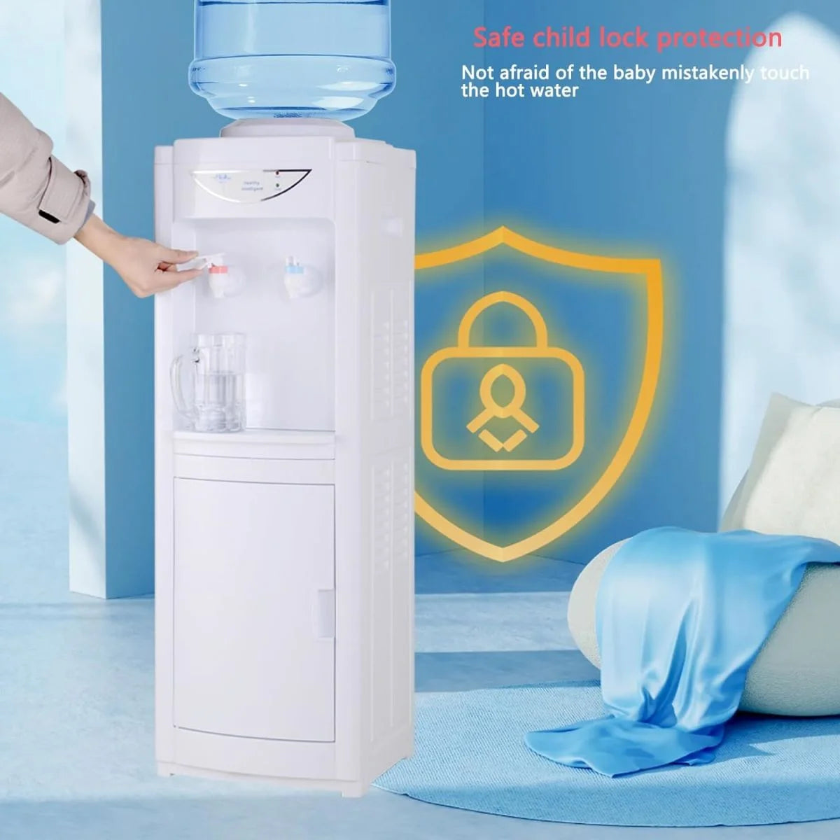 White Top Loading Hot and Cold Water Dispenser for 5 Gallon Bottle with Storage Cabinet & Child Safety Lock B18776