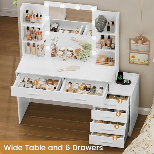 White Large Vanity Desk with LED Lighted Mirror & Power Outlet, 7 Drawers, 4 Shelves and 5 Hooks J830
