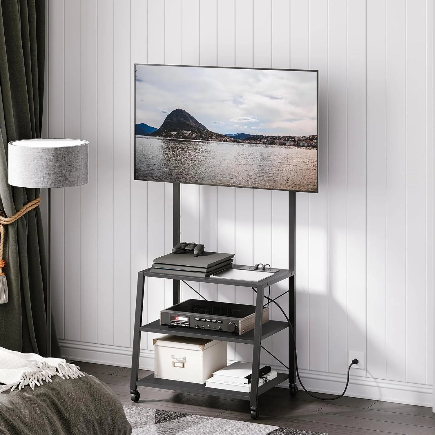 Black Rolling TV Stand with Mount and Power Outlet for 55 inch TVs J275226