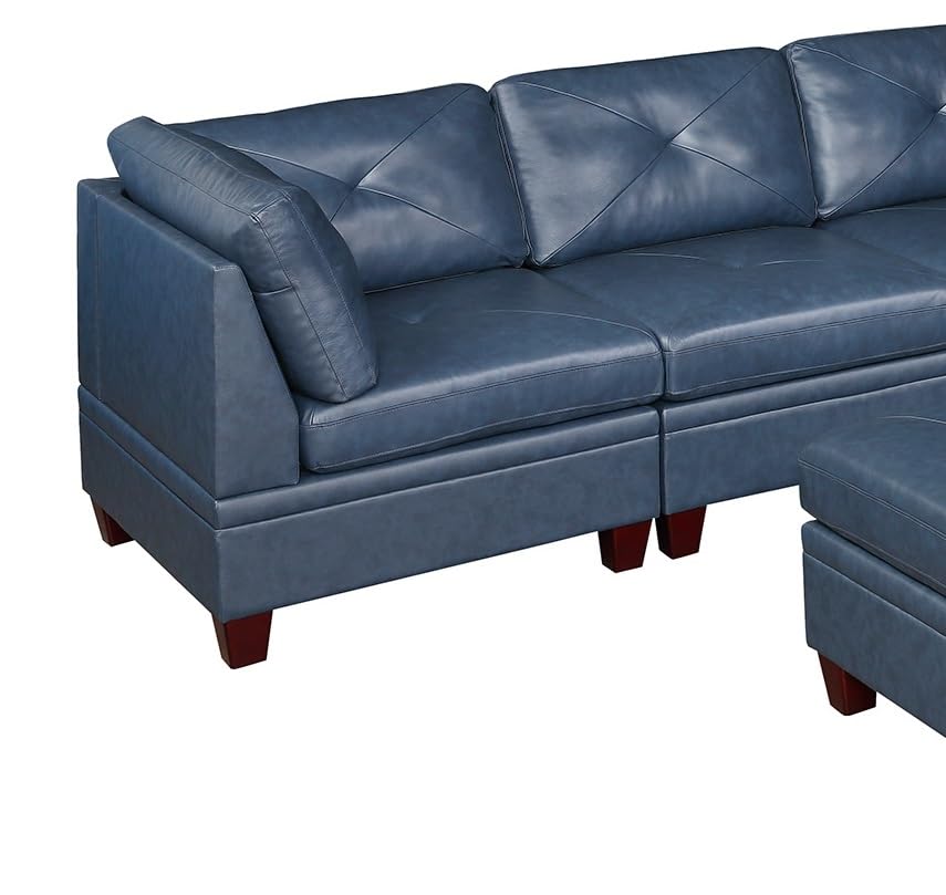 Ink Blue Genuine Leather Sectional Sofa Set, 6-Piece, Tufted Back, Wood Legs, 132 x 102 x 35 Inches J320