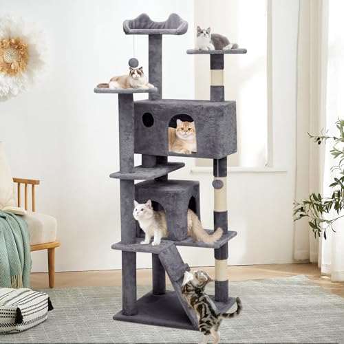 60 Inch Smoky Grey Cat Tree with 2 Cat Condo and Scratching Post S215