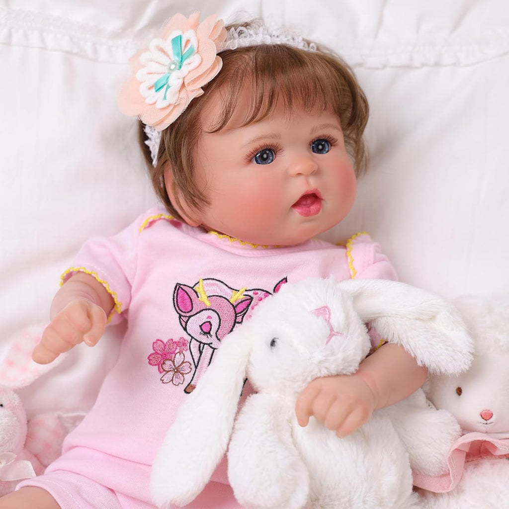 20 Inch Cloth Body Hand-Rooted Brown Hair Blue Eyes Poseable Reborn Baby Doll O4531