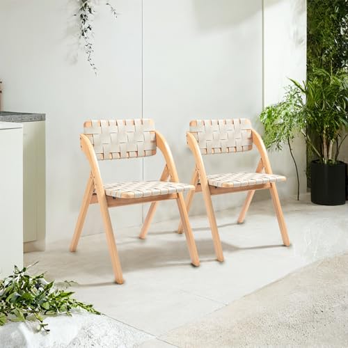 Folding Chairs Set of 2, Wooden Brown Woven Leather B20812