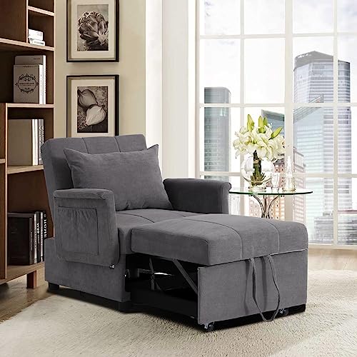 Black PU Leather Convertible Chair Sleeper Bed with Lumbar Pillow Q15183