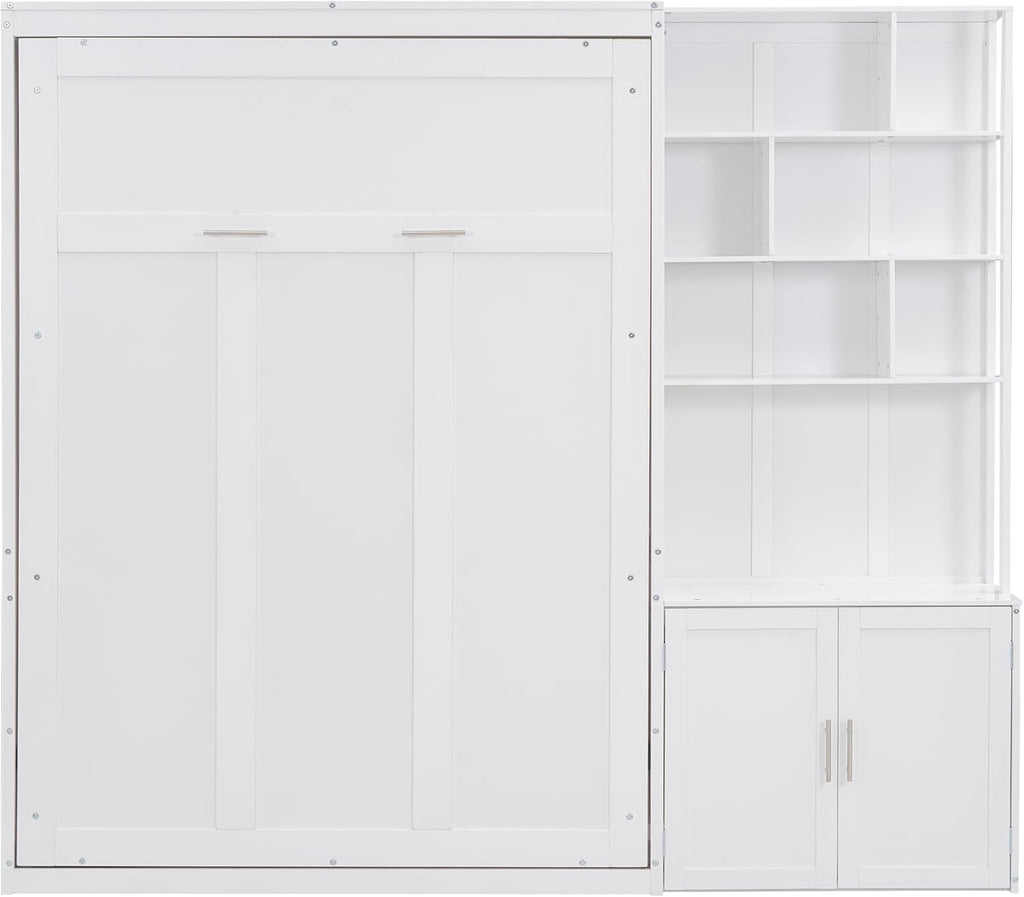White Full Size Murphy Bed with Storage Cabinet and Shelves X74721