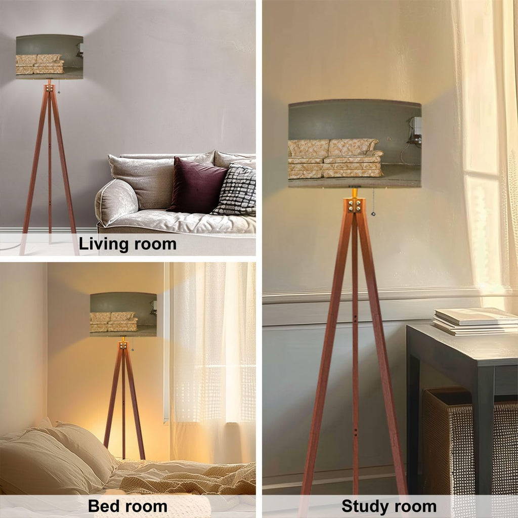 Wood Tripod Floor Lamp Linen Lampshade Dimmable Tall Lamp J721535
