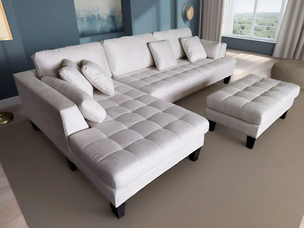 3pc Cream Microfiber Sectional Sofa Chaise Ottoman W1823