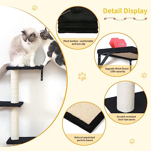 5pcs Wooden Cat Wall Shelves with House, Bridge, Tree, Steps, and Scratcher (Black) K987