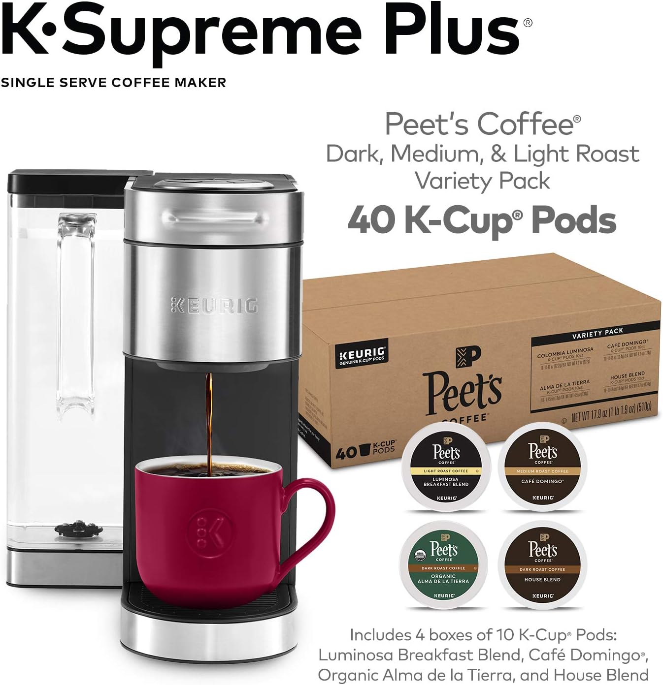 Stainless Steel Coffee Maker, 40 Count Variety Pack Coffee Pods U288