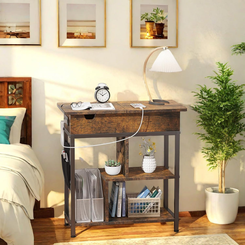 Side Table with Charging Station, Flip Top End Table with USB Ports and Outlets G71901