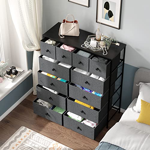 12 Drawer Fabric Dresser with Metal Frame, Wood Top, Light Grey Q1816