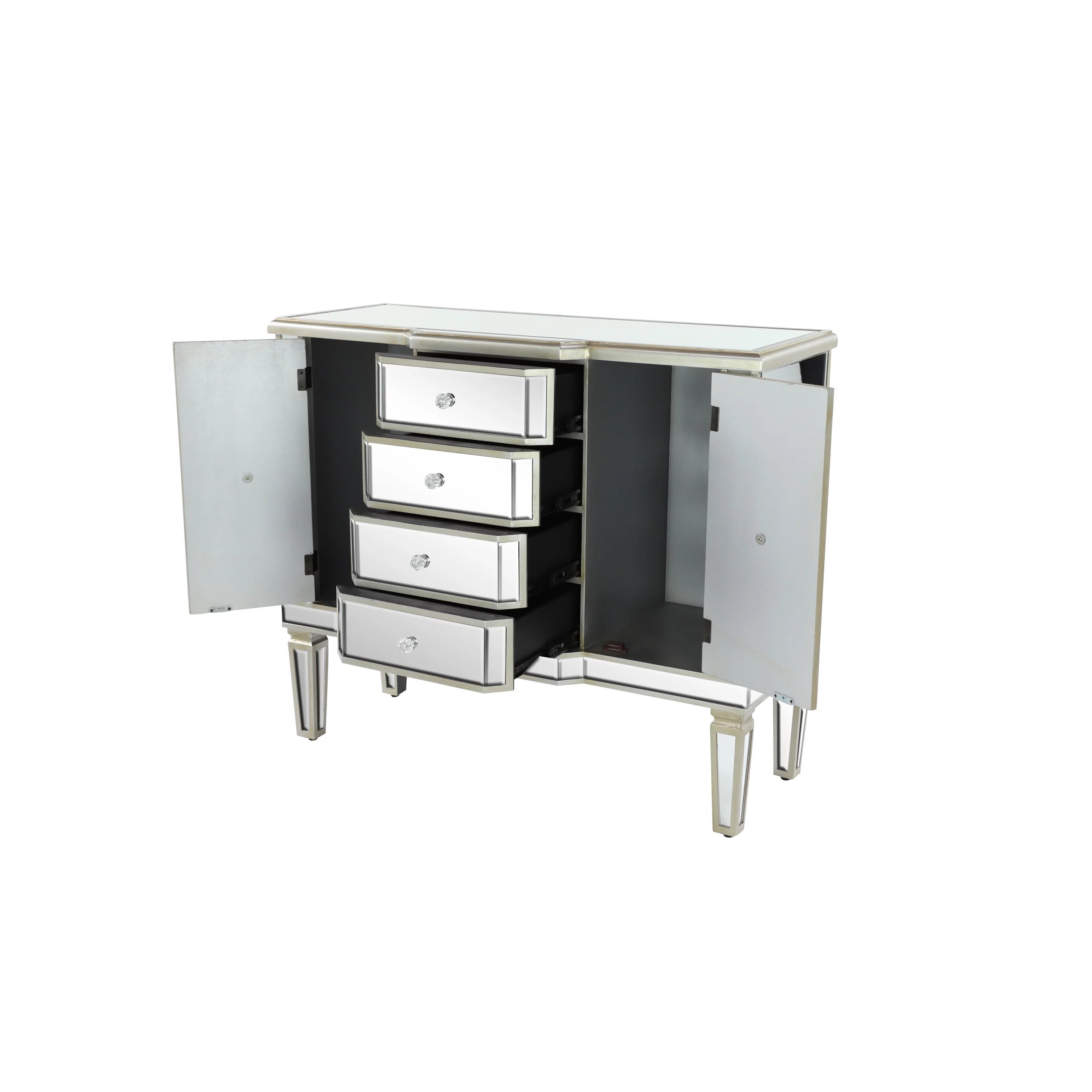 Silver Wood Mirrored Panel 4 Drawers 2 Shelves 2 Doors Buffet T48421