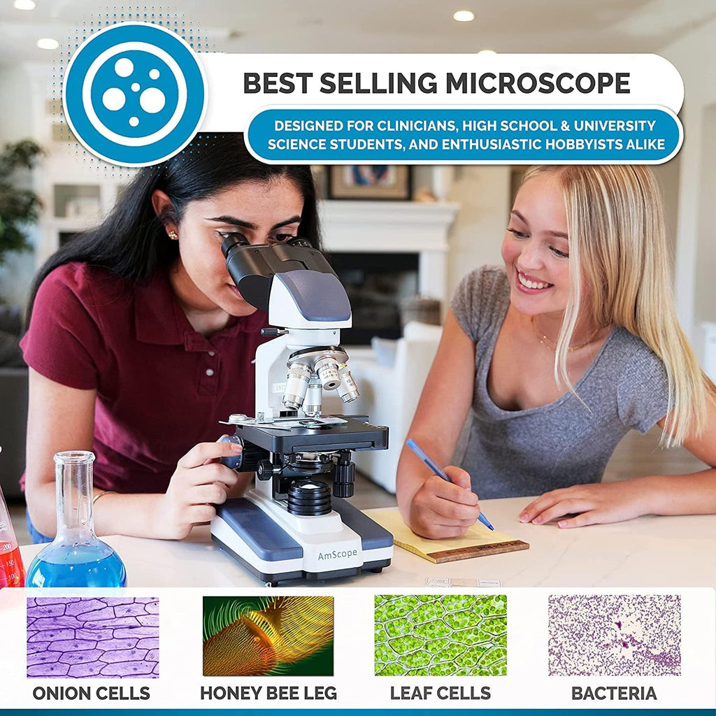 Binocular Compound Microscope, 40X-2500X Magnification, LED Illumination, Abbe Condenser, Two-Layer Mechanical Stage, 1.3MP Camera E9487