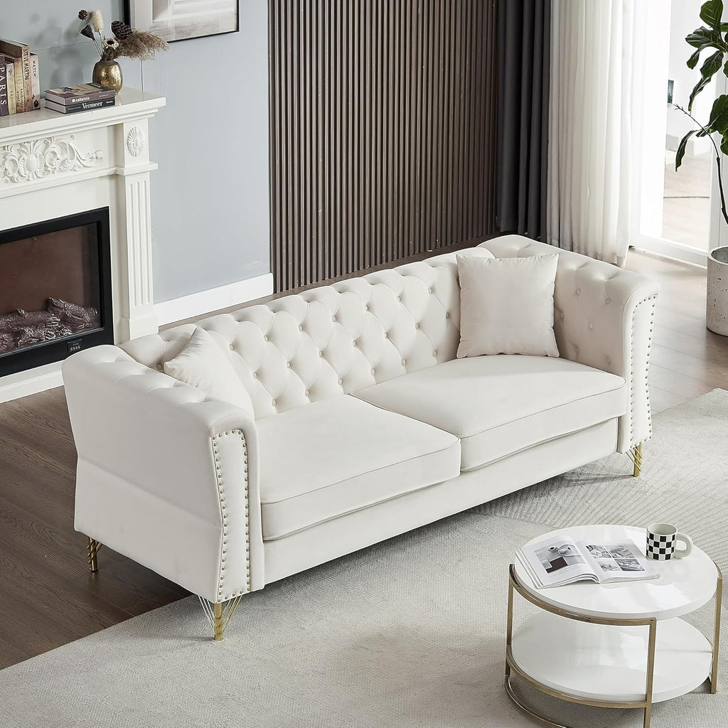 Grey Velvet 3 Seater Chesterfield Sofa with Metal Foot and Nailhead S3506