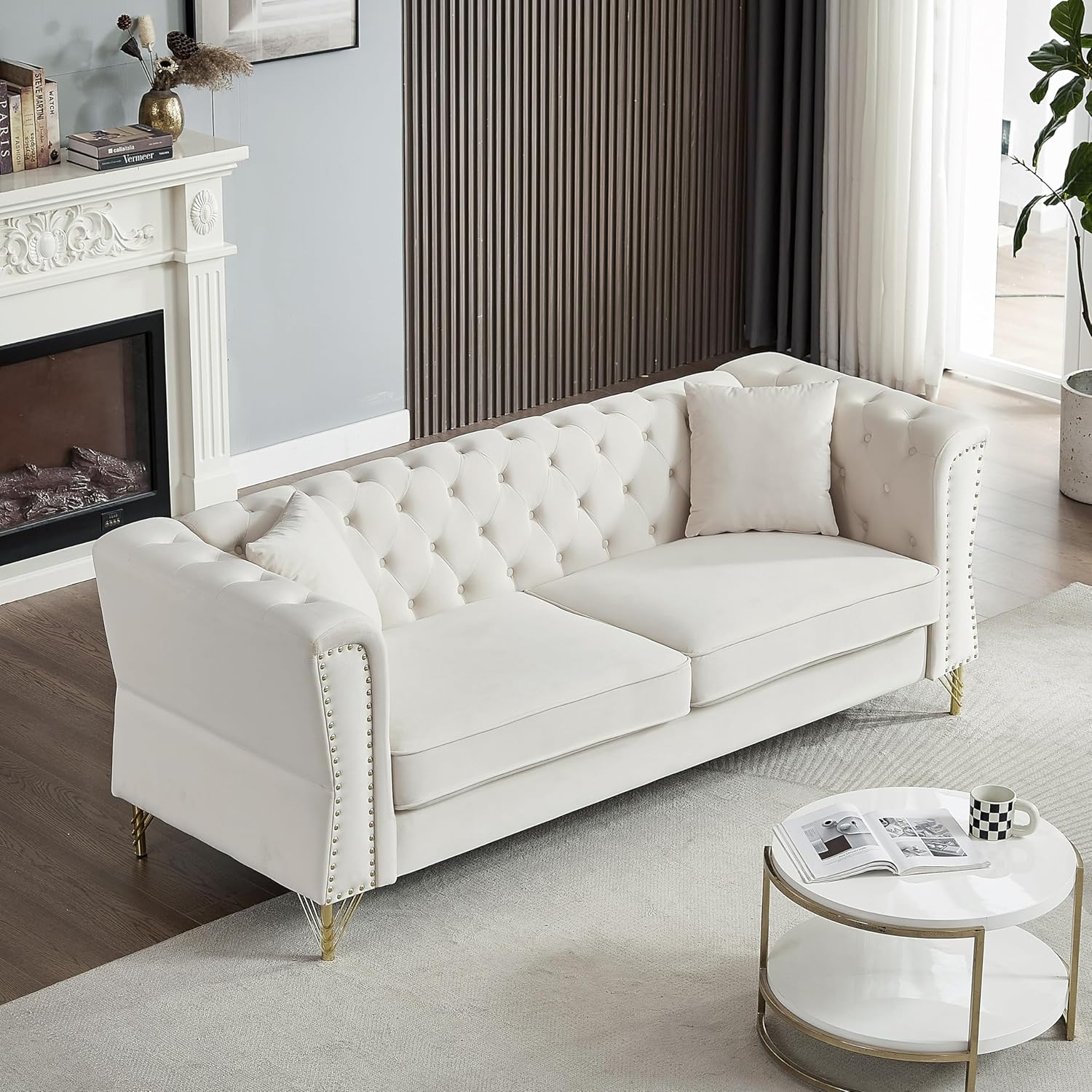 Grey Velvet 3 Seater Chesterfield Sofa with Metal Foot and Nailhead S3506