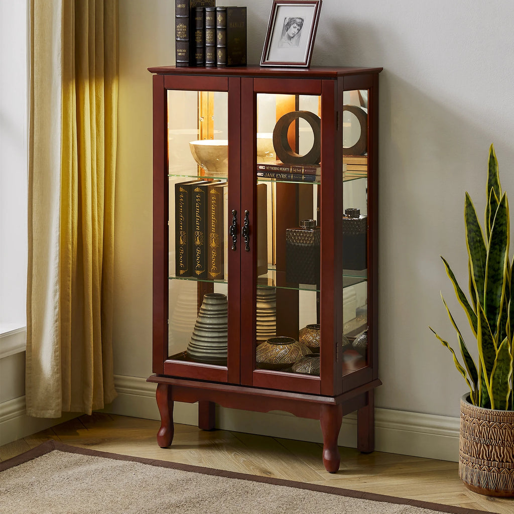 3 Tier Curio Cabinet with Tempered Glass Doors, Cherry C127438