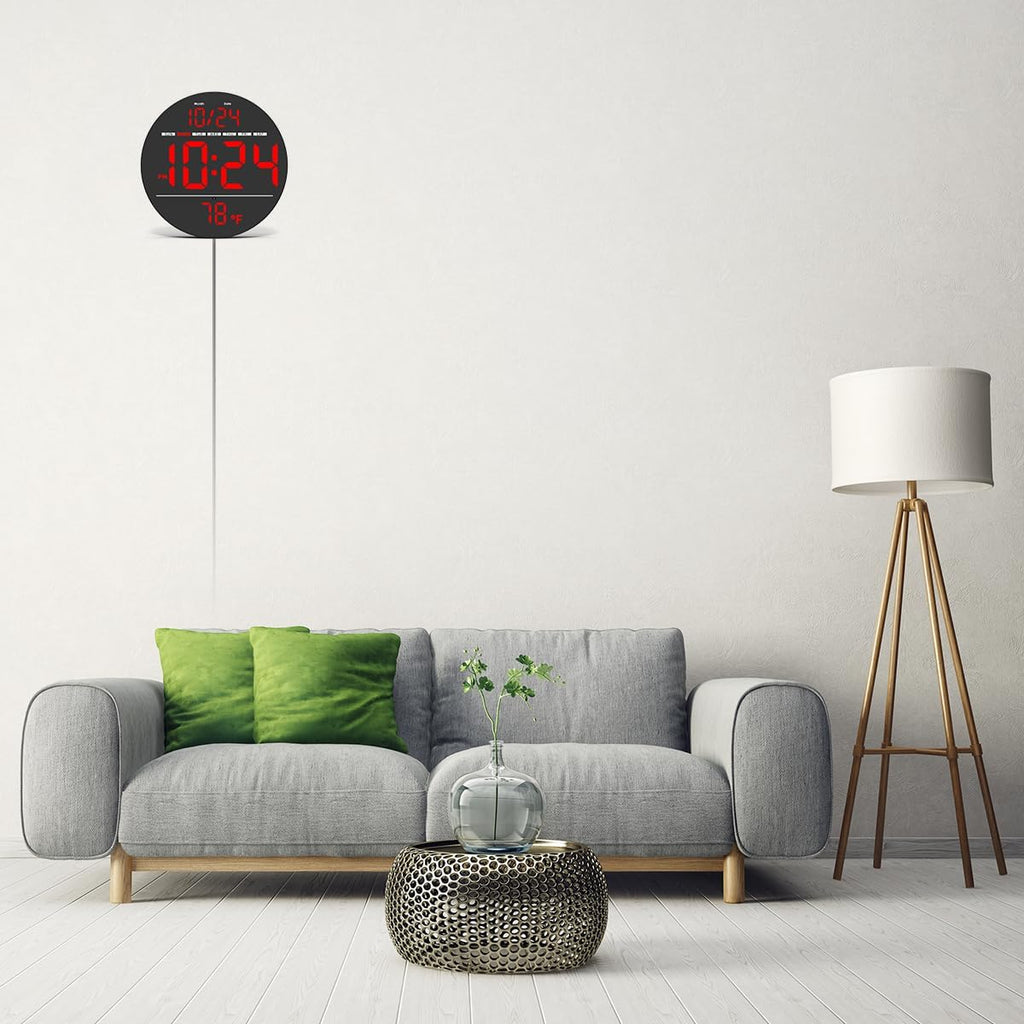 Digital Wall Clock with Large LED Display, Auto-Brightness, Temperature, Small Silent Non-Ticking Electric Wall Clock Y142