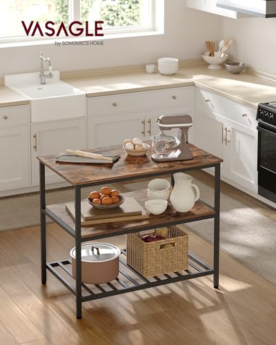Rustic Brown and Black Kitchen Island with 3 Shelves N197