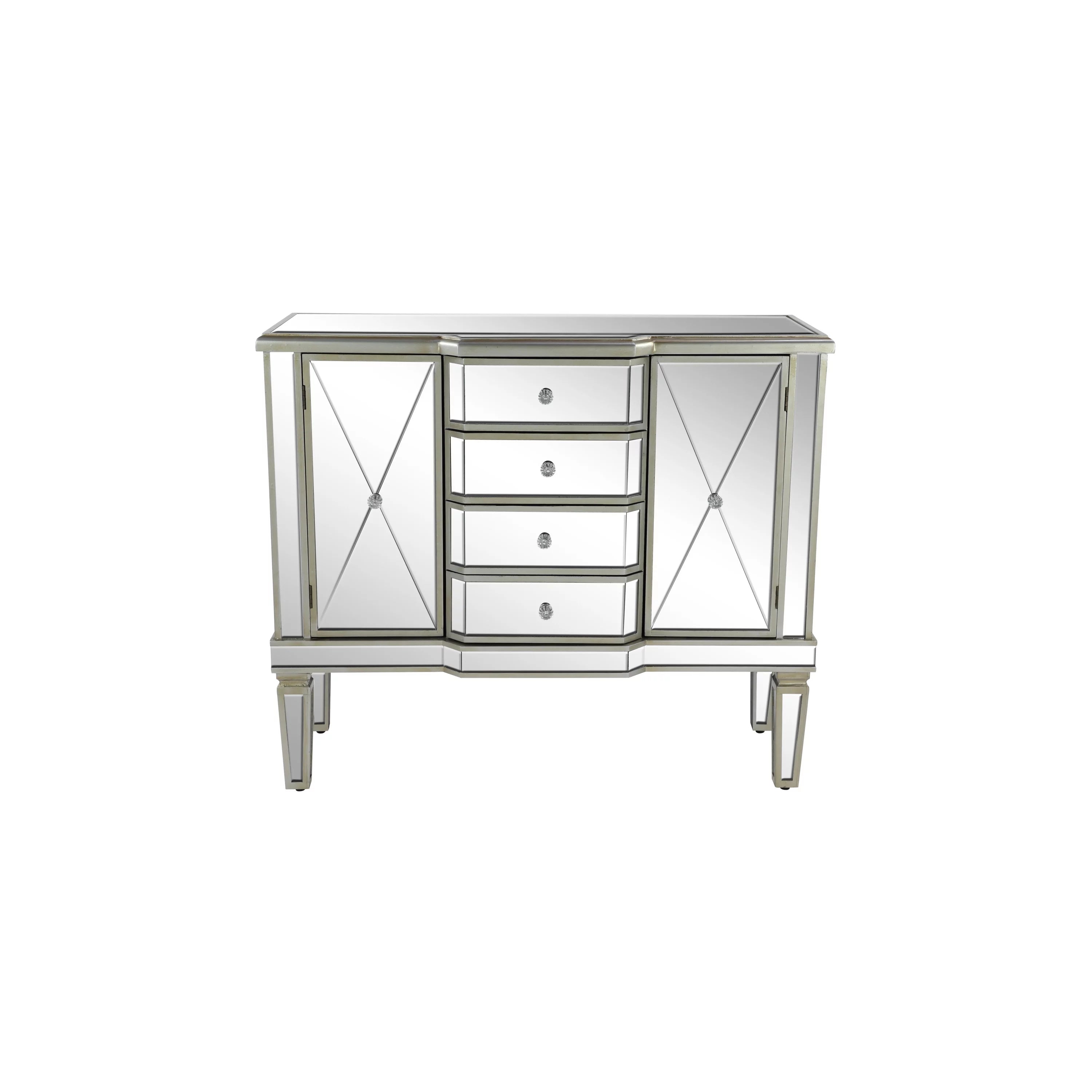 Silver Wood Mirrored Panel 4 Drawers 2 Shelves 2 Doors Buffet T48421