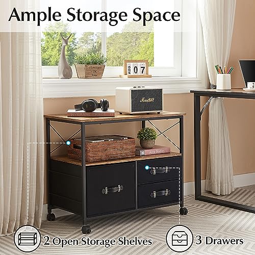 Black 3 Drawer Rolling Printer Stand with Fabric Storage Shelf V921