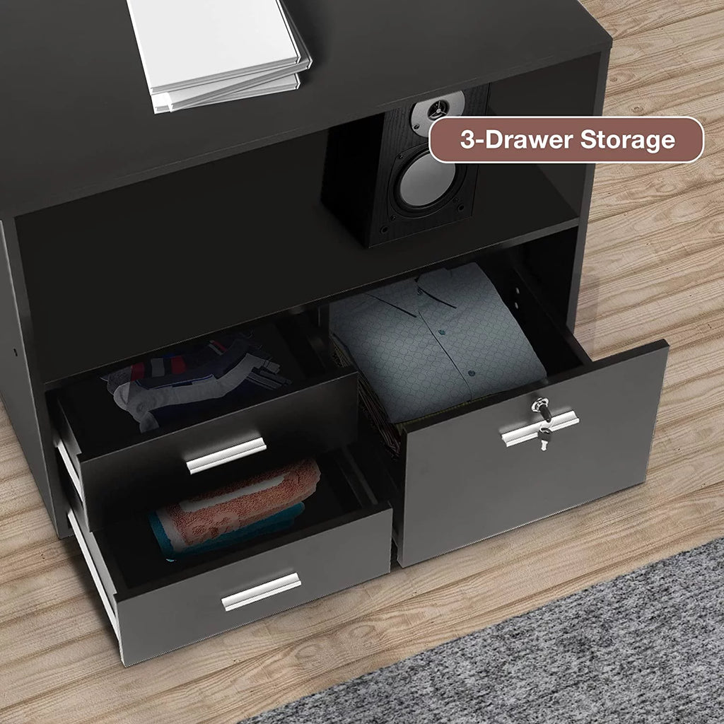 Black Wood 3 Drawer Mobile Lateral Filing Cabinet with Lock V987853
