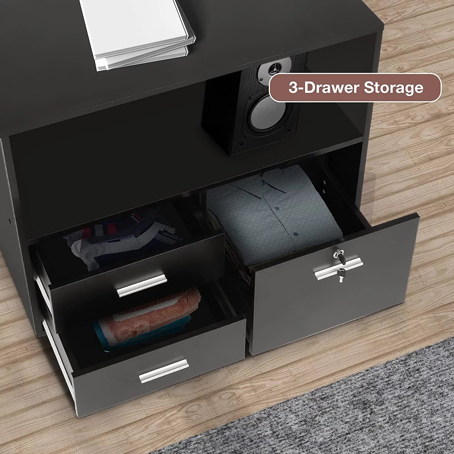 Black Wood 3 Drawer Mobile Lateral Filing Cabinet with Lock V987853