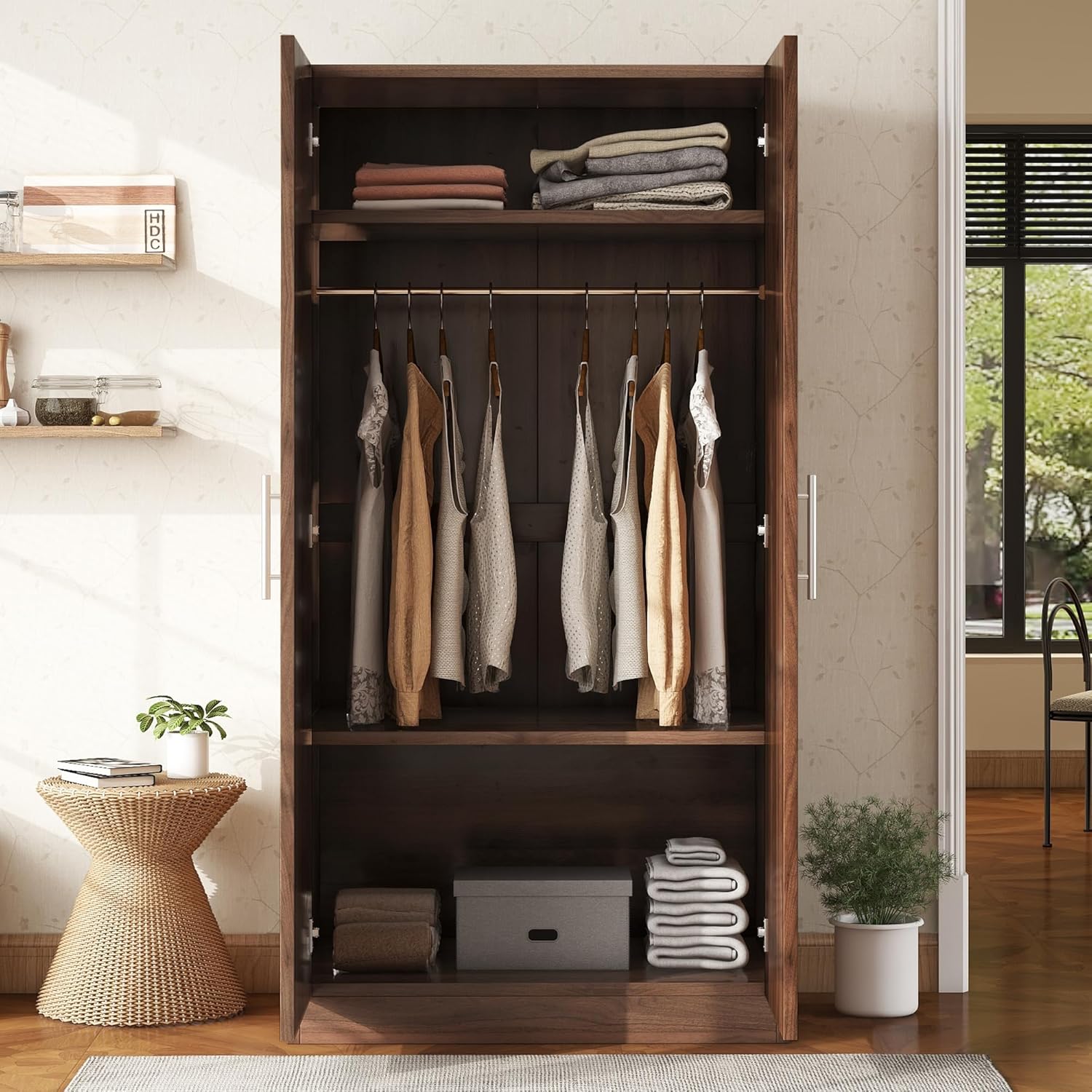 2-Door Wooden Wardrobe Armoire with 3 Storage Shelves R2876