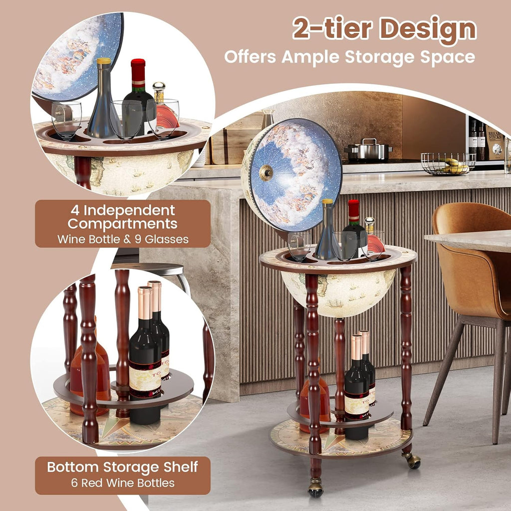 Creamy White Wood Globe Wine Bar Cabinet with Wheels H469