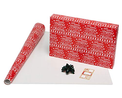 Christmas Wrapping Paper Set, Red and Tan Brown, 120 sq. ft., 4 rolls, 30 in. x 12 ft., 7 Adhesive Bows, 30 Gift Tag Stickers, Plaid, Stripes, and Snowmen X461
