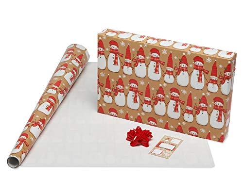 Christmas Wrapping Paper Set, Red and Tan Brown, 120 sq. ft., 4 rolls, 30 in. x 12 ft., 7 Adhesive Bows, 30 Gift Tag Stickers, Plaid, Stripes, and Snowmen X461