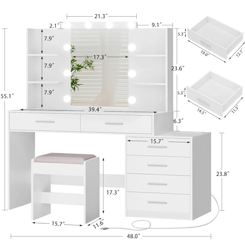 White Large Vanity Desk with LED Lighted Mirror & Power Outlet, 7 Drawers, 4 Shelves and 5 Hooks J830