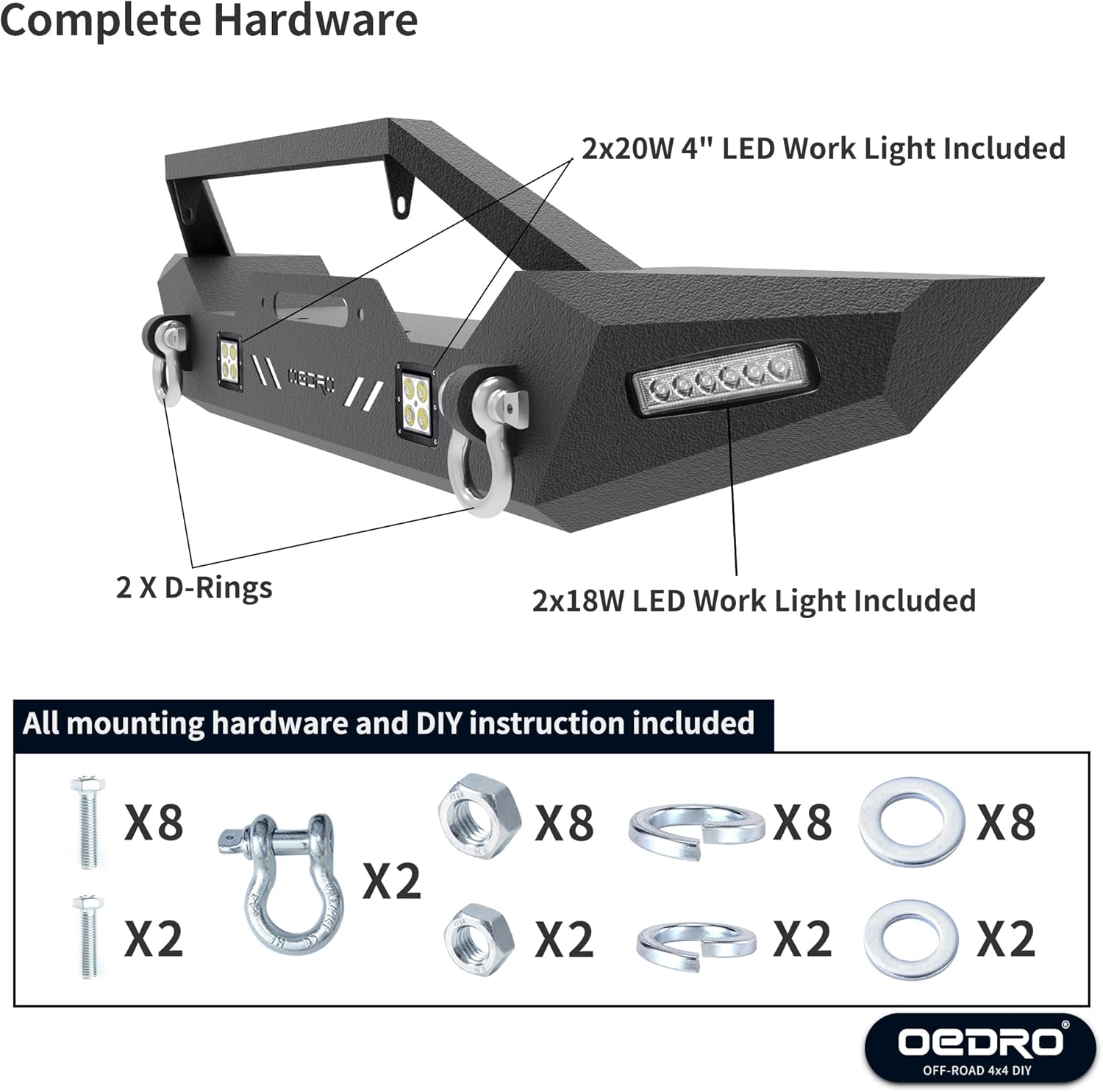 Front Bumper with Winch Plate Mounting & 4 x LED Lights & 2 x D-Rings Z6844