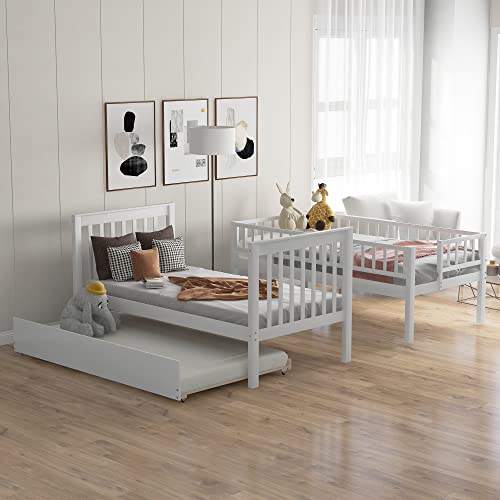 White Solid Wood Twin-Over-Twin Bunk Bed with Trundle A82800