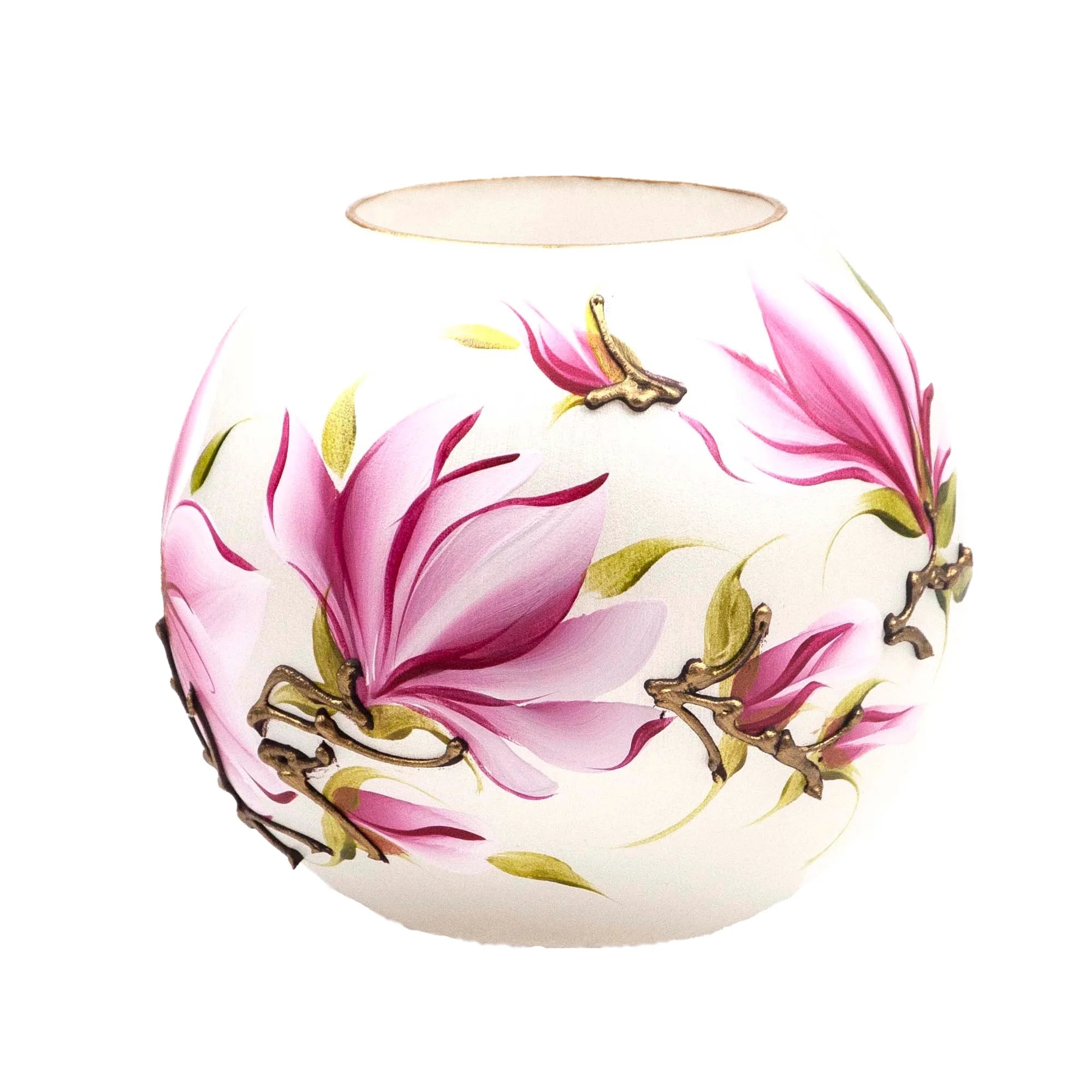 Handpainted Glass Vase - Pink Flowers - 6 Inch O646523