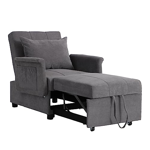 Black PU Leather Convertible Chair Sleeper Bed with Lumbar Pillow Q15183