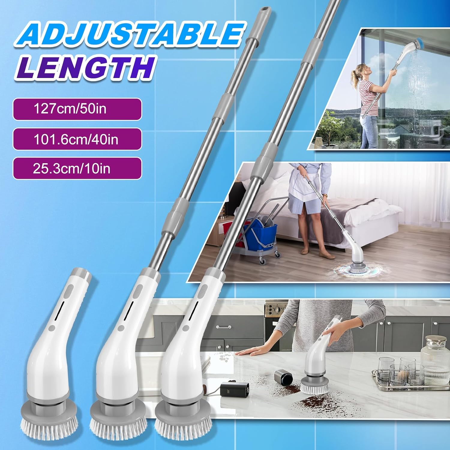 Gray Rechargeable Electric Spin Scrubber with 7 Brush Heads E833