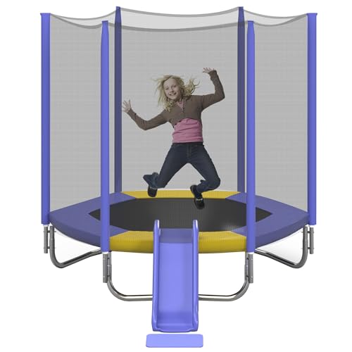 7FT Kids Trampoline with Safety Enclosure Net, Slide and Ladder K79526